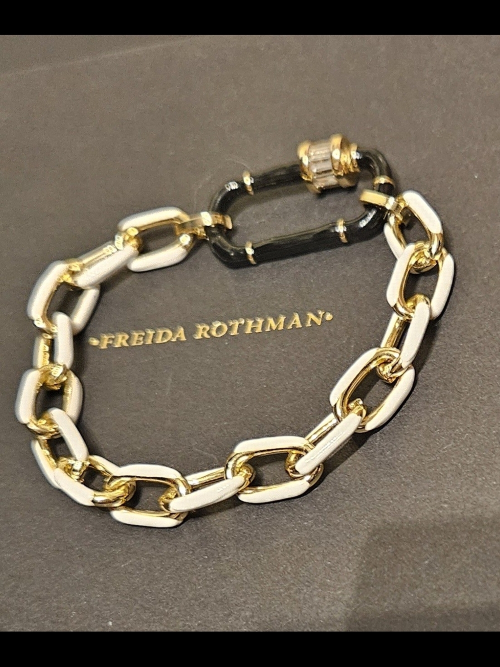Gold-Tone Black & White Enamel Link Bracelet with Crystal Accent